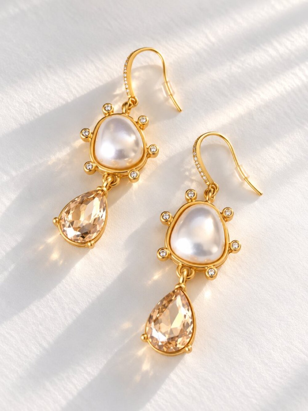Oscar de la Renta Faux Pearl & Champagne Crystal Drop Earrings Gold Statement